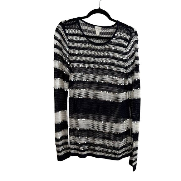 Chicos Wmn 2/L Navy Blue/White Silver Sequin Open Knit Pullover Tunic Sweater - Picture 1 of 7